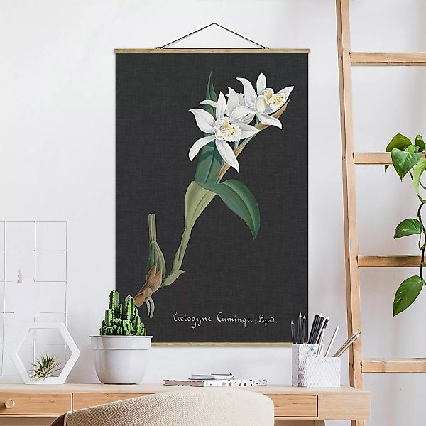 Stoffbild Blumen mit Posterleisten - Hochformat Weiße Orchidee auf Leinen I günstig online kaufen
