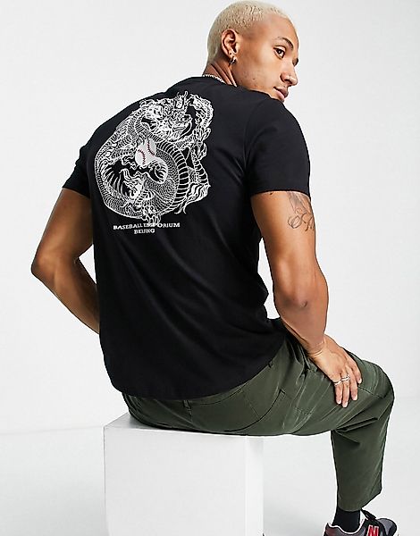 ASOS DESIGN – T-Shirt in Schwarz mit Drachen-Print auf dem Rücken und abger günstig online kaufen