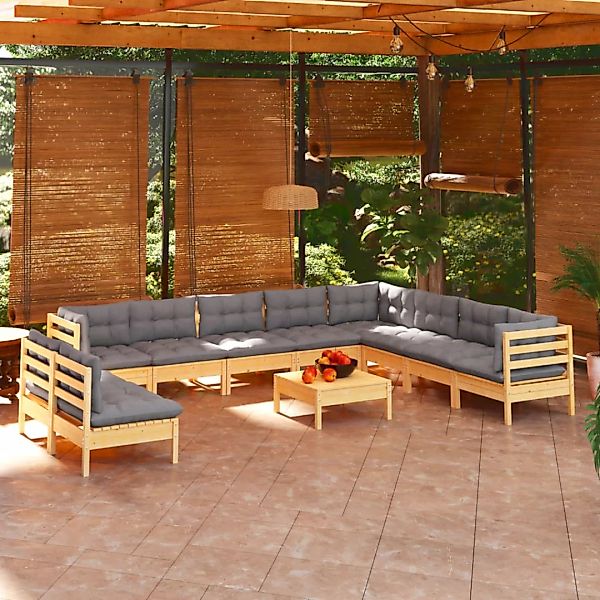 11-tlg. Garten-lounge-set Mit Grauen Kissen Massivholz Kiefer günstig online kaufen