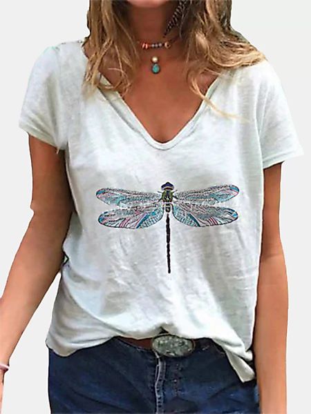 Kurzarm-T-Shirt mit V-Ausschnitt und Libellenmuster für Damen günstig online kaufen