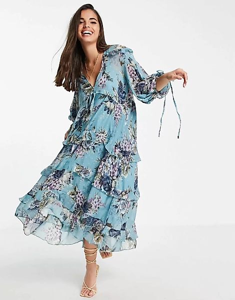 ASOS DESIGN – Mehrlagiges Midi-Hängerkleid mit Bindebändern und Blumenmuste günstig online kaufen