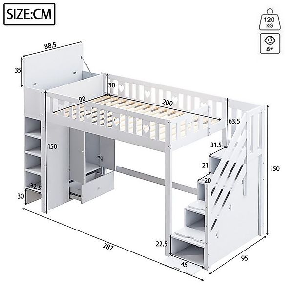 TavilaEcon Hochbett mit Stauraumleiter, Regalen & klappbarem Stauschrank, 9 günstig online kaufen