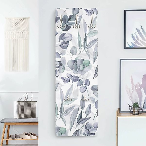 Wandgarderobe Holzpaneel Blaue Eukalyptus Aquarellblätter günstig online kaufen