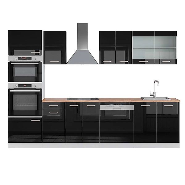 Vicco R-Line Küchenzeile Schwarz Hochglanz/Weiß 300 cm mit HochschrankAP Ei günstig online kaufen