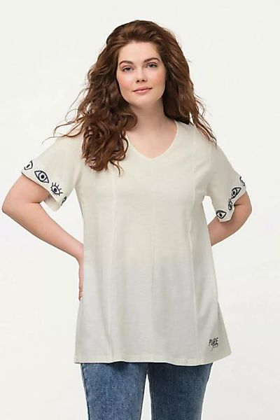 Ulla Popken Longshirt T-Shirt Augen V-Ausschnitt Halbarm Biobaumwolle günstig online kaufen