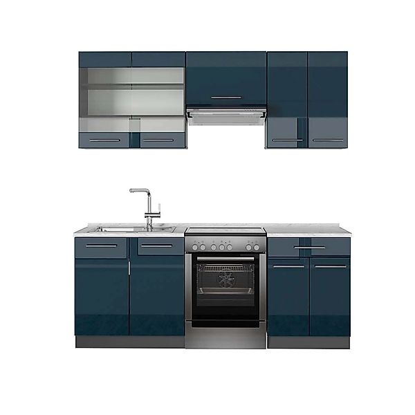 Vicco Fame-Line Küchenschränke Dunkelblau Hochglanz/Anthrazit 200 cm AP Mar günstig online kaufen
