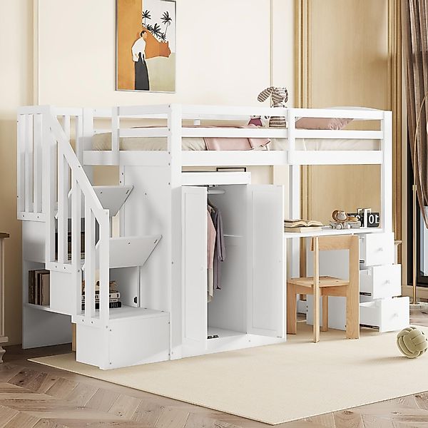 Flieks Hochbett Kiefer Kinderbett mit Schreibtisch günstig online kaufen