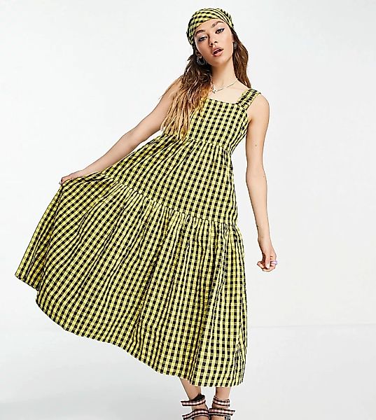 COLLUSION – Gestuftes Midi-Sommerkleid mit Vichy-Karomuster in Gelb & Schwa günstig online kaufen