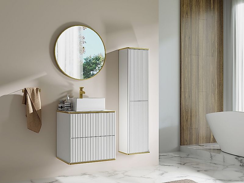 Hängeschrank Bad - Gestreift mit Goldkante - Weiß - H140 cm - KELIZA günstig online kaufen