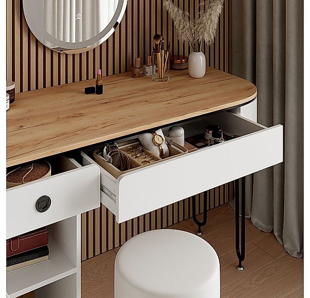 Vicco Schminktisch Mia, Weiß/Naturholz, 120 cm mit LED-Spiegel günstig online kaufen