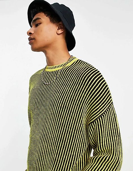 ASOS DESIGN – Gerippter Oversize-Pullover in Gelb mit Streifenmuster günstig online kaufen