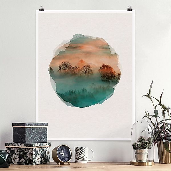 Poster Natur & Landschaft - Hochformat Wasserfarben - Nebel bei Sonnenaufga günstig online kaufen