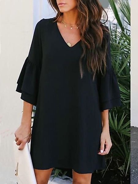 Schwarze Rüschenärmel mit V-Ausschnitt Mini Kleid günstig online kaufen