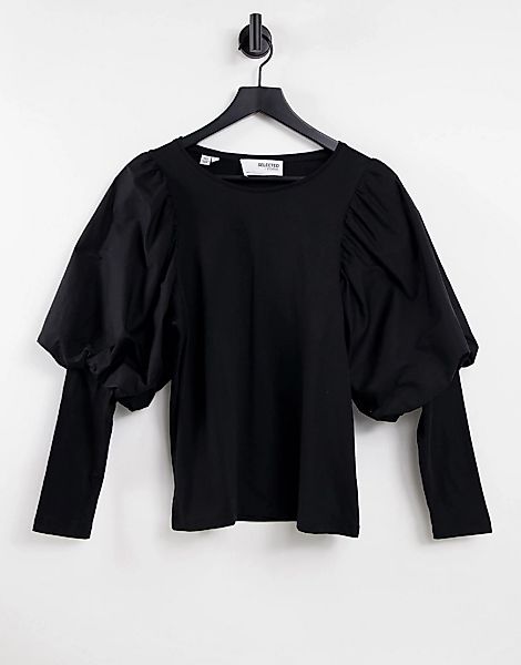 Selected Femme – Langärmliges Shirt aus Bio-Baumwollmix in Schwarz mit weit günstig online kaufen