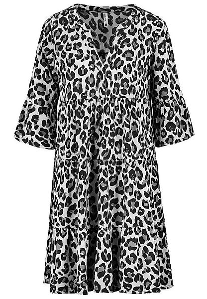 SUBLEVEL Shirtkleid Tropisches Muster, V-Ausschnitt, Rüschenärmel (knielang günstig online kaufen