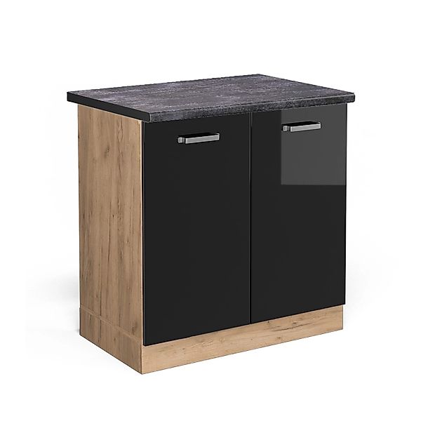 Vicco Spülenunterschrank R-Line Schwarz Hochglanz/Goldkraft Eiche 80 cm AP günstig online kaufen