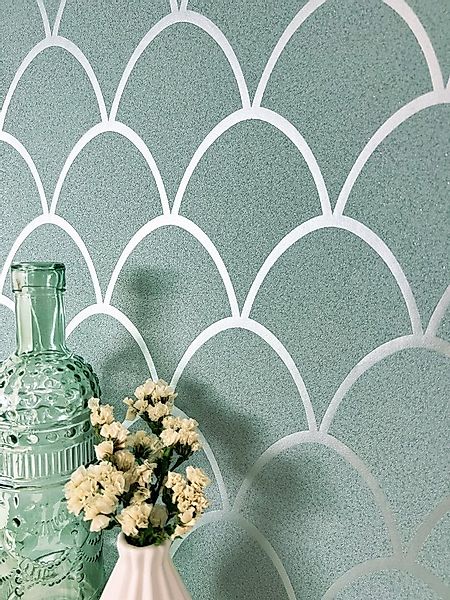 Newroom Vliestapete, Grau Tapete Modern Fischschuppen - Retro Metallic Grün günstig online kaufen