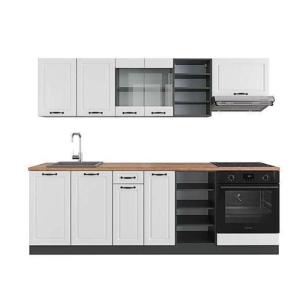 Vicco R-Line Küchenzeile Weiß Landhaus/Anthrazit 240 cm AP Eiche günstig online kaufen