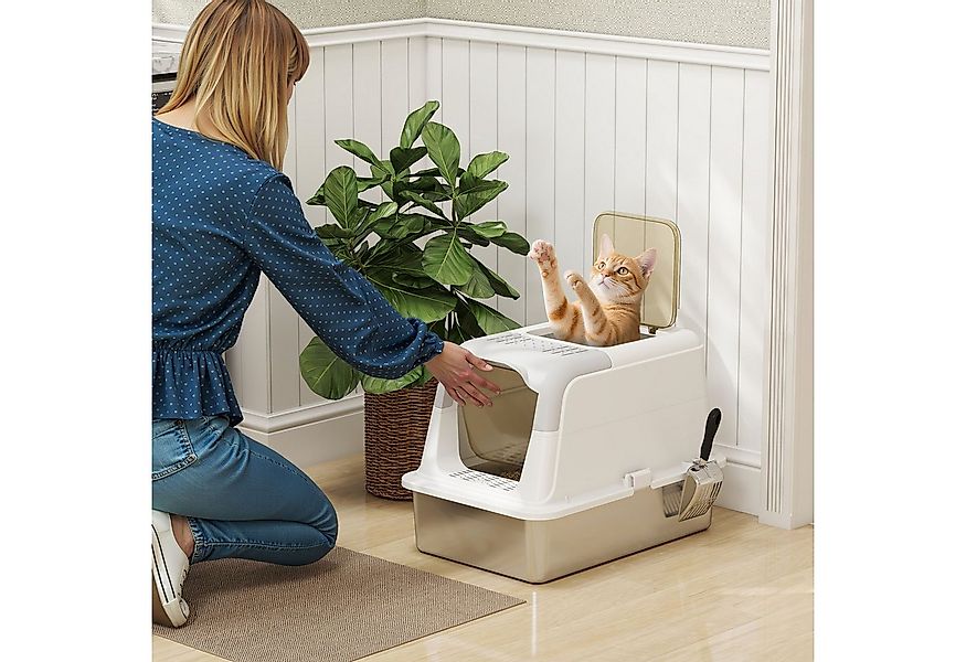 PawHut Katzentoilette mit Deckel, Streuschaufel, Eingang, Ausgang, Deodorie günstig online kaufen