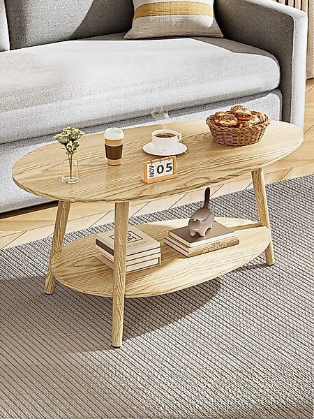 FiveWillowise Couchtisch Massivholz Teetisch mit Ovalem Doppelschicht-Desig günstig online kaufen
