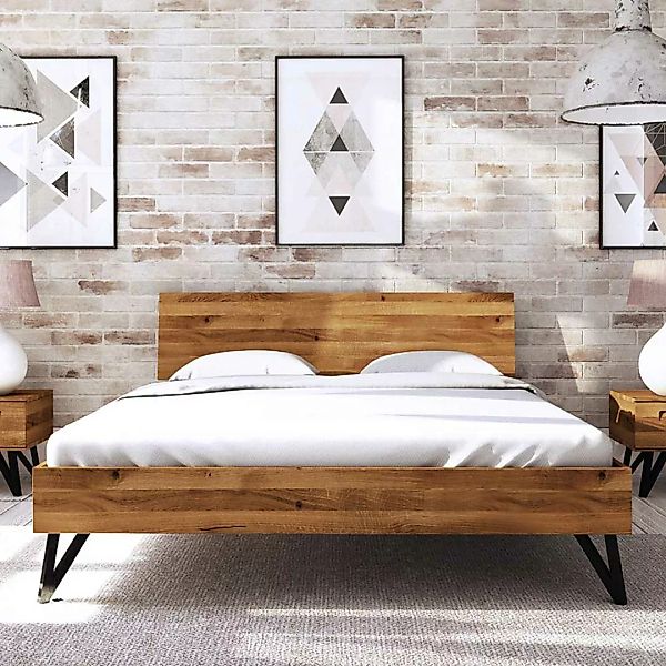 Doppelbett aus Wildeiche Massivholz und Stahl Loft Design günstig online kaufen