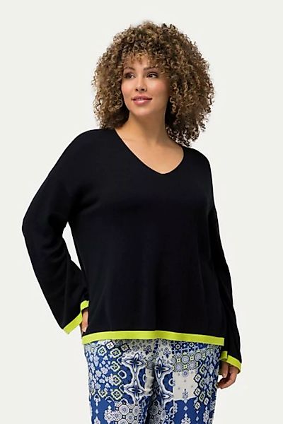 Ulla Popken Strickpullover Pullover farbige Bündchen V-Ausschnitt Langarm günstig online kaufen