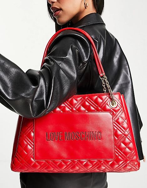 Love Moschino – Gesteppte Tragetasche mit Logo und Kettendetail in Rot günstig online kaufen