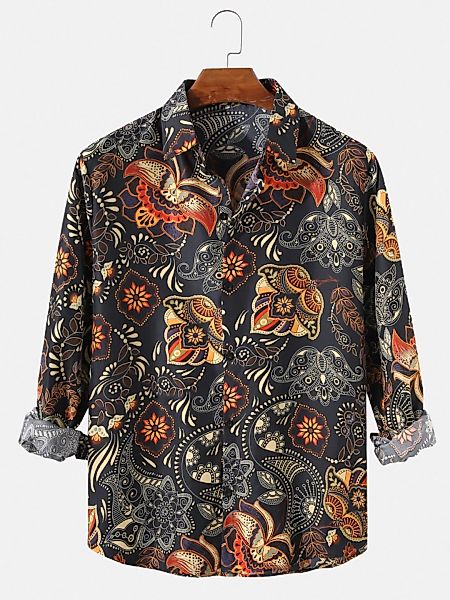 Herren Vintage Ethnischer Blumendruck Revers Casual Fit Langarmhemden günstig online kaufen