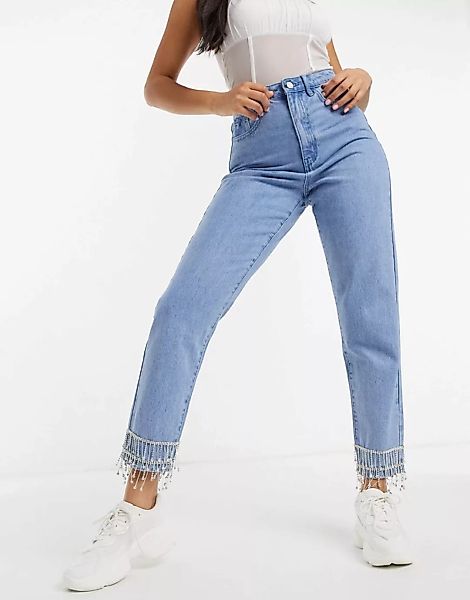 Missguided – Verzierte Mom-Jeans in Blau günstig online kaufen
