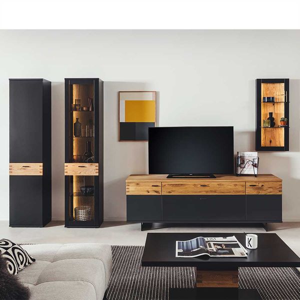 Hochwertige Wohnzimmeranbauwand in Wildeichefarben Schwarzgrau (vierteilig) günstig online kaufen