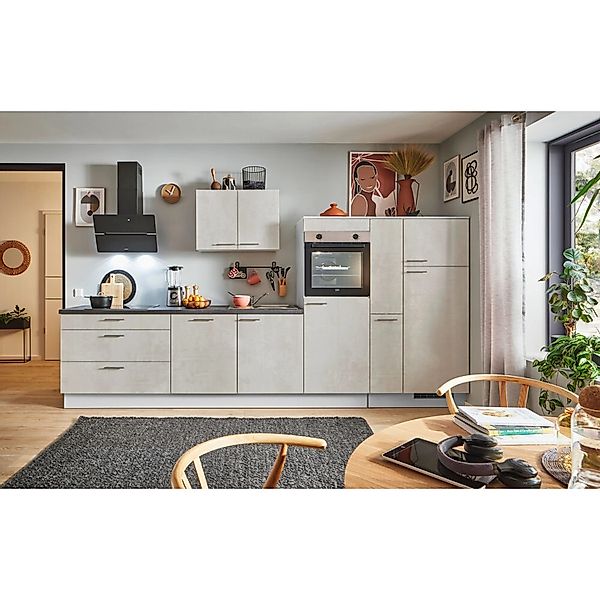 pino Küchenzeile 370cm Beton Weißgrau Anschlag R 1 Geräte-, 1 Apothekerschr günstig online kaufen