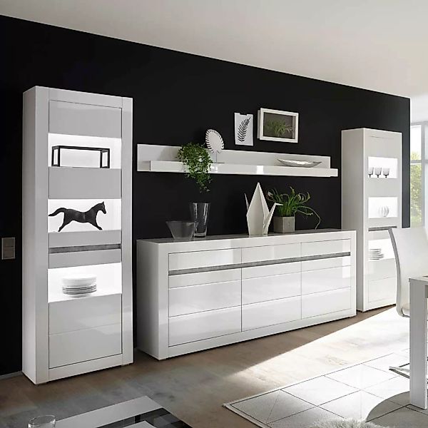 Design Wohnwand in Weiß Hochglanz und Beton Grau Sideboard (vierteilig) günstig online kaufen