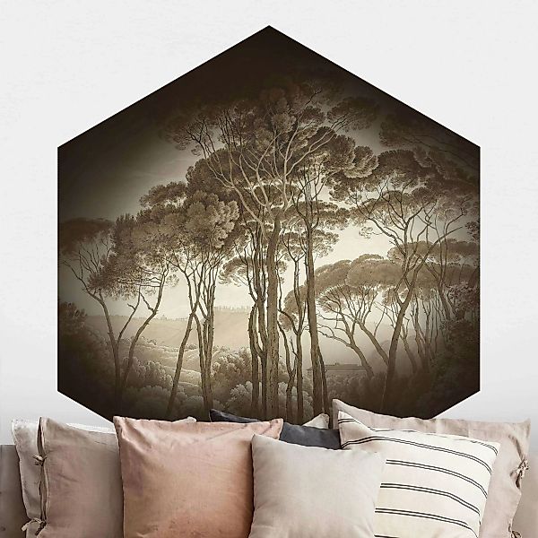 Hexagon Mustertapete Hendrik Voogd Landschaft mit Bäumen in Beige günstig online kaufen