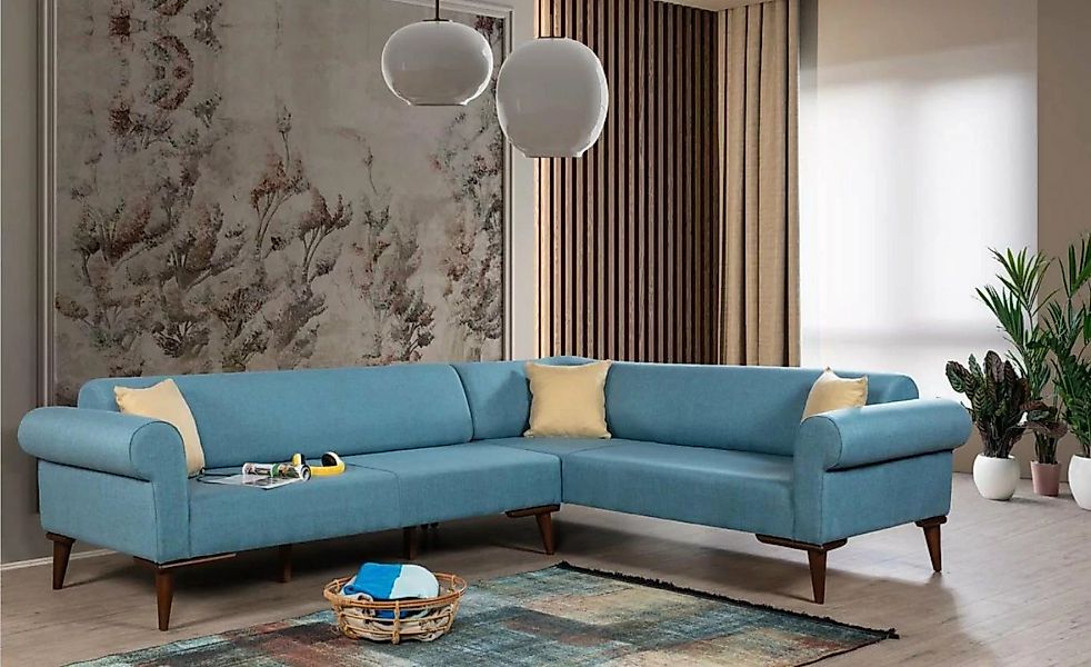 JVmoebel Ecksofa Blaues Ecksofa Holz Couch Wohnzimmer Sofa L-Form Sofa Neu, günstig online kaufen