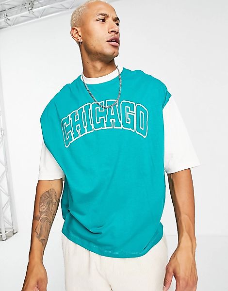 ASOS DESIGN – Oversize-T-Shirt mit Ärmeln im Farbblockdesign und Chicago-Pr günstig online kaufen