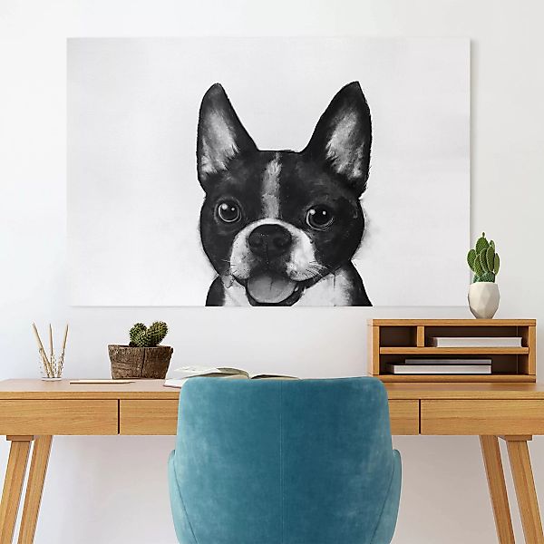 Leinwandbild Tiere - Querformat Illustration Hund Boston Schwarz Weiß Maler günstig online kaufen