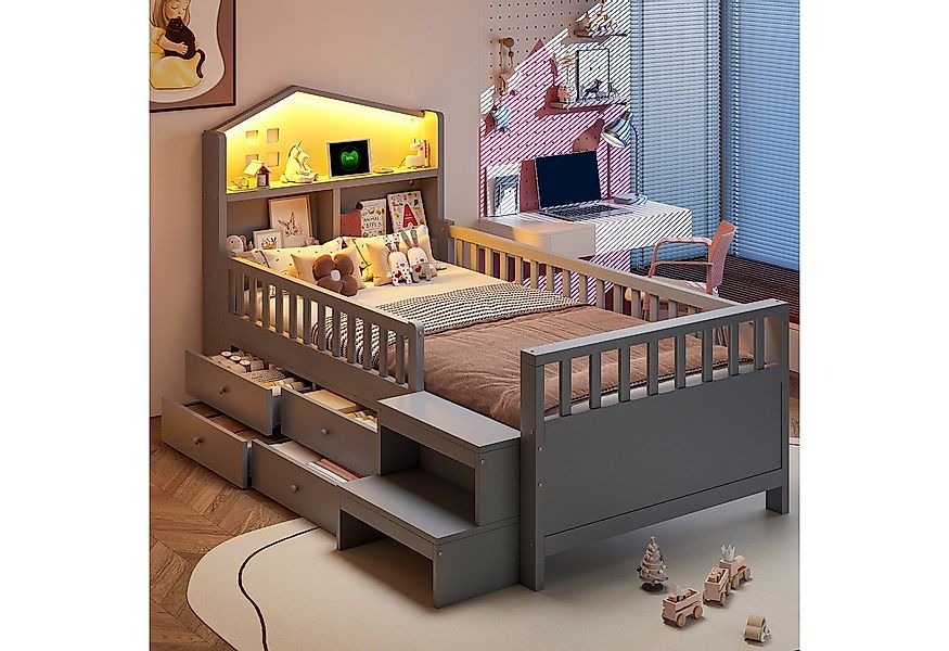 OKWISH Kinderbett Stauraumbett Holzbett (mit Sicherheitsgitter, vier Schubl günstig online kaufen
