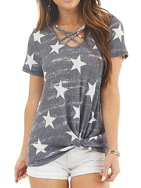 YOINS Grey Star Criss-Cross-Kurzarm-T-Shirt mit V-Ausschnitt günstig online kaufen