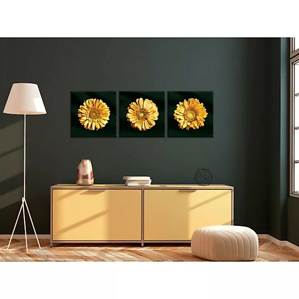 Wandbild Goldene Sonnenblumen - Triptychon mit Glamour-Stil mit goldenen Bl günstig online kaufen