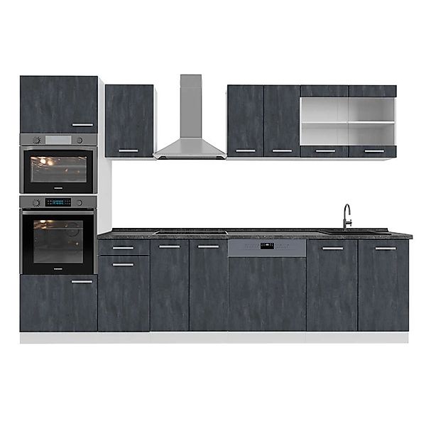 Vicco R-Line KomplettKüche Schwarz Beton/Weiß 300 cm AP Anthrazit Opt 2 günstig online kaufen