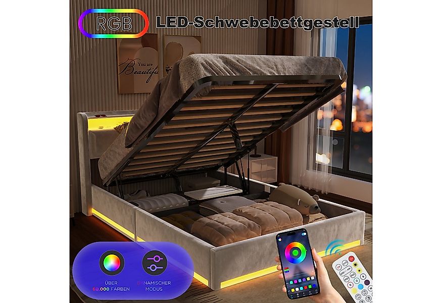 oyajia Polsterbett LED Doppelbett 140x200cm, Stauraumbett mit Kopfteil, Sam günstig online kaufen