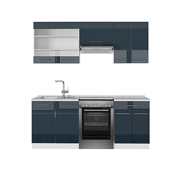 Vicco Fame-Line Küchenschränke Dunkelblau Hochglanz/Weiß 200 cm AP Marmor o günstig online kaufen
