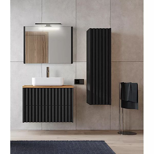 Badmöbel Set mit 80 cm Waschtisch, Spiegelschrank NANTES-107 in schwarz mit günstig online kaufen