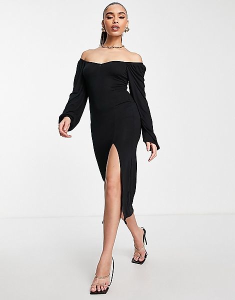 Missguided – Langärmliges, wadenlanges Kleid im Milchmädchenstil in Schwarz günstig online kaufen