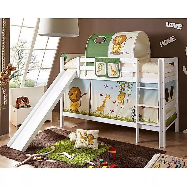 Kinderzimmer Rutschbett mit Zootier Motiven Buche Massivholz in Weiß günstig online kaufen