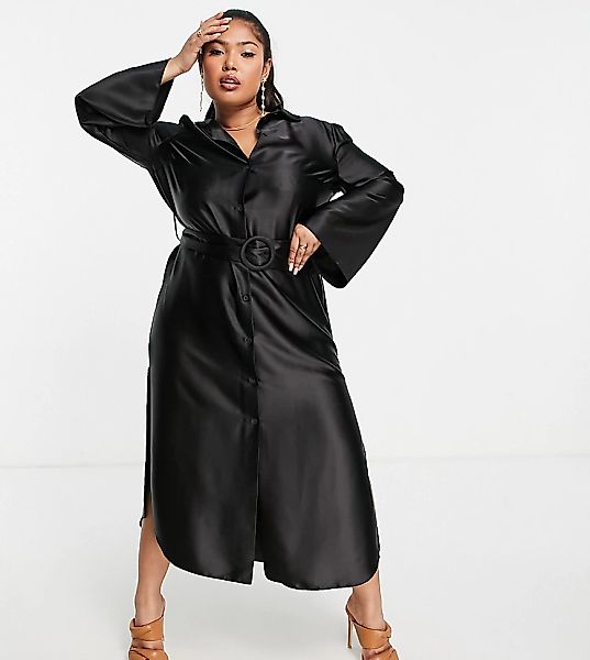 ASOS DESIGN Curve – Midi-Hemdkleid aus Satin in Schwarz mit weiten Ärmeln u günstig online kaufen