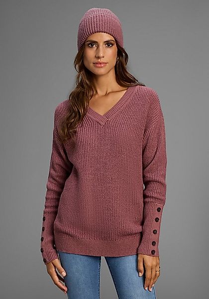 Laura Scott V-Ausschnitt-Pullover Übergangspullover aus Baumwolle mit Knopf günstig online kaufen