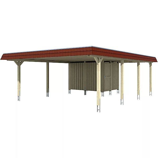 Skan Holz Doppelcarport Wendland Weiß +Anbau 630x879 cm Alu-Dach Blende Rot günstig online kaufen