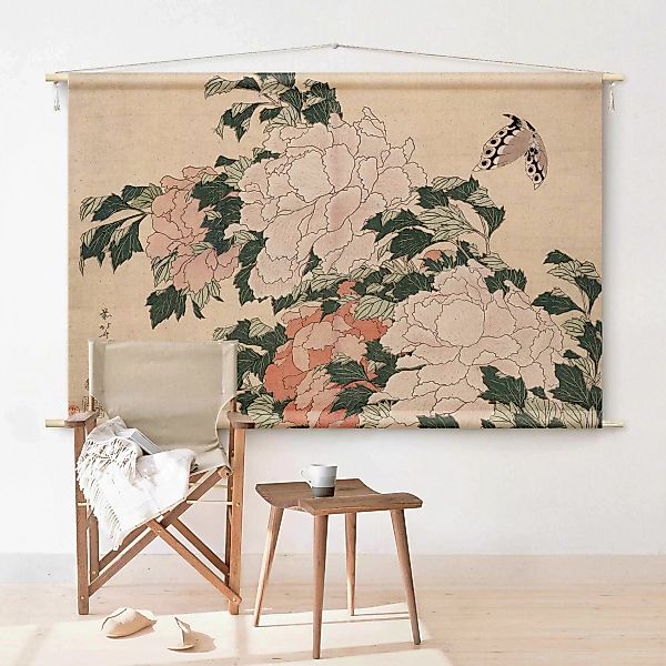 Wandteppich Katsushika Hokusai - Rosa Pfingstrosen mit Schmetterling günstig online kaufen