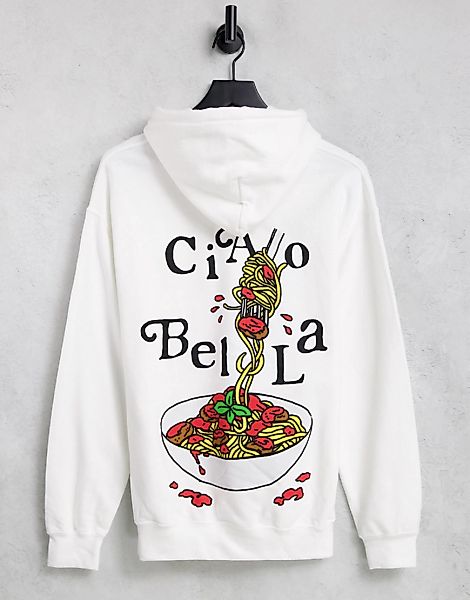 New Love Club – Kapuzenpullover in Weiß mit Spaghetti-Grafikprint auf dem R günstig online kaufen